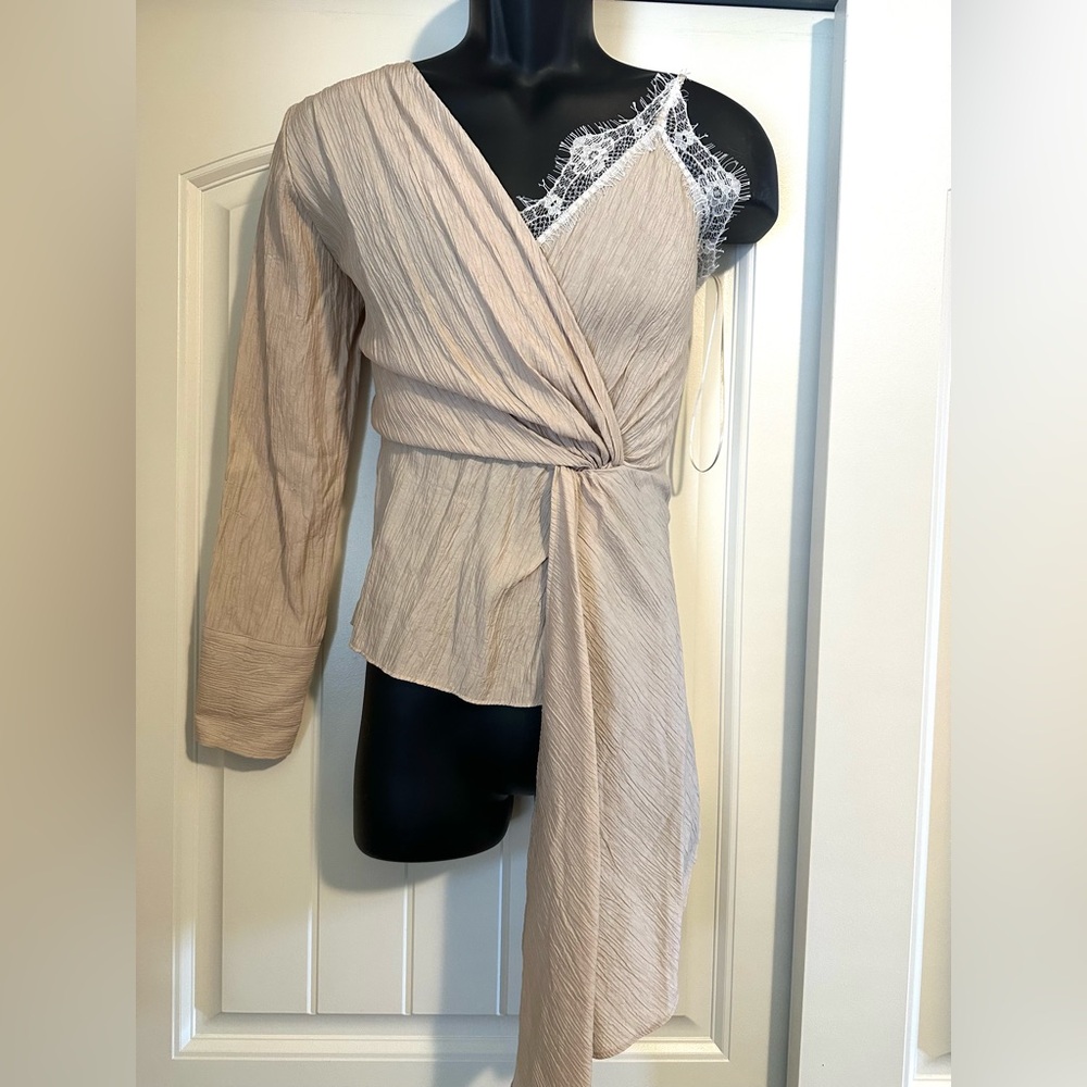 NWOT! “Zara” Asymmetrical Beige Wrap Top with Lace Detail